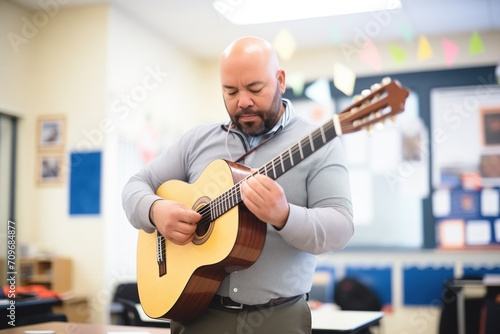 music teacher tuning a guitar in a classroom