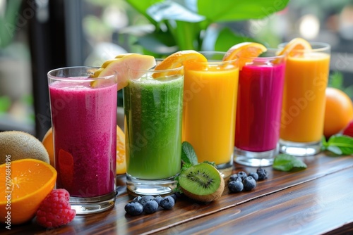 Glasses filled with a variety of fresh fruits and refreshing juices. Perfect for summer parties and healthy lifestyle concepts