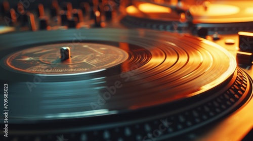 A detailed close-up view of a record spinning on a turntable. This image can be used to represent music  vinyl records  nostalgia  or DJ culture