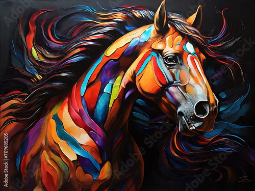 painting of muscular horse with vibrant colors on a dark canvas
