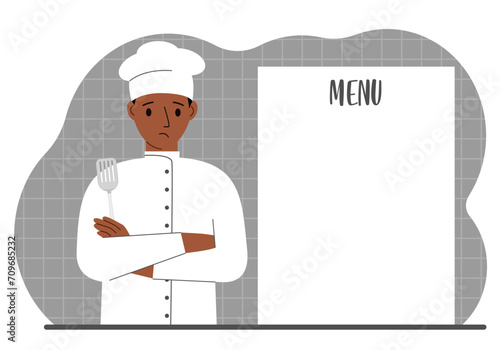 A chef in a cap stands next to a white sheet for placing a menu for a restaurant or cafe.