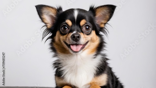 Portrait of Black and tan long coat chihuahua dog on grey background © QuoDesign