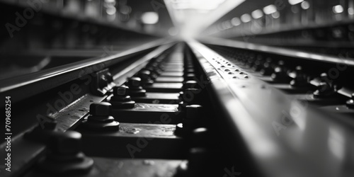 A black and white photo of a train track. Suitable for various creative projects