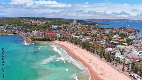 Sydney, Australia: Aerial view of iconic Manly Beach, famous surf beach in capital city of Australian state of New South Wales and most populous city in Australia photo