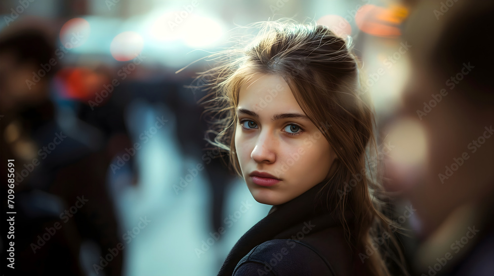 Beautiful young woman wearing a black coat, standing on a city street, and looking at the camera. Youthful female pretty and gorgeous model. Attractive girl with brunette hair, neutral face expression Beautiful young woman wearing a black coat, standing on a city street, and looking at the camera. Youthful female pretty and gorgeous model. Attractive girl with brunette hair, neutral face expression