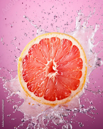 Grapefruit and water splash. Fresh grapefruit is cut in half with a water splash on a bright-colored background.