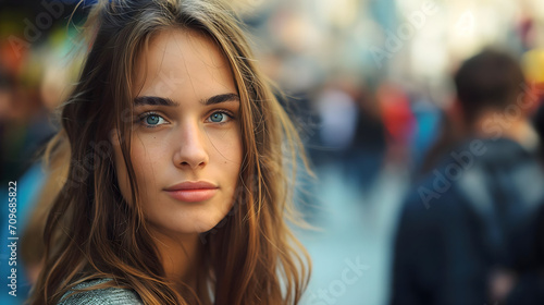 Beautiful young woman standing on a city street, smiling and looking at the camera. Youthful female pretty and gorgeous model. Attractive girl with brunette hair, positive face expression