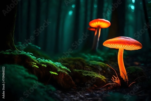 bioluminescent mushrooms growing in a dark forest. Magical neon mushrooms glowing - Beauty of nature.