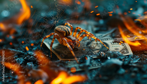 The spider spun a web on the dollars on fire. © Ренат Хисматулин