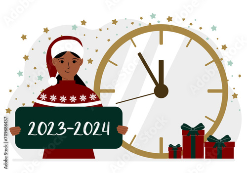 5 minutes for the new year. A woman holds a poster with the text 2023-2024.