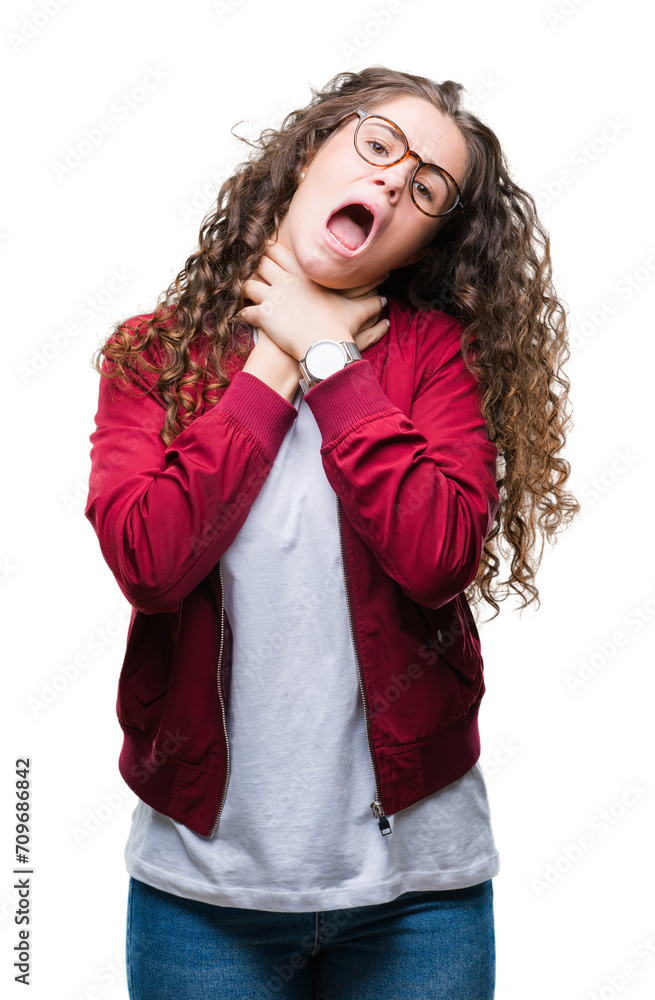 Beautiful brunette curly hair young girl wearing jacket and glasses over isolated background shouting and suffocate because painful strangle. Health problem. Asphyxiate and suicide concept. Beautiful brunette curly hair young girl wearing jacket and glasses over isolated background shouting and suffocate because painful strangle. Health problem. Asphyxiate and suicide concept.