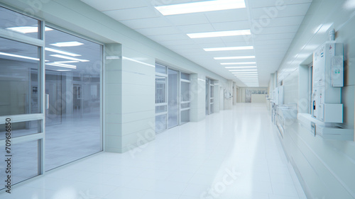 Un plano en perspectiva que capta la vista de un pasillo de hospital y ofrece una representaci  n visual del entorno cl  nico e institucional.