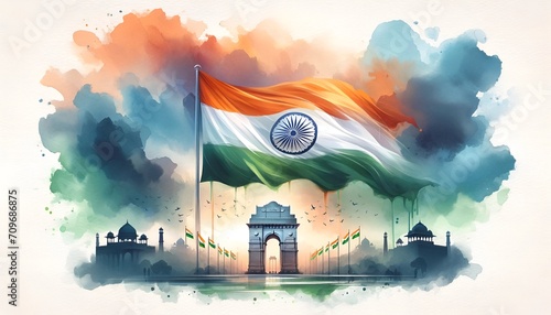 Indian republic day poster in watercolor style. photo