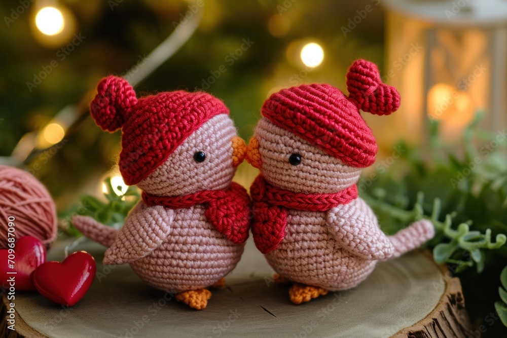 Two knitted love birds for Valentine's Day, romantic atmosphere