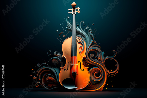 Violin musical instrument colorful decorated splash illustration on black background
