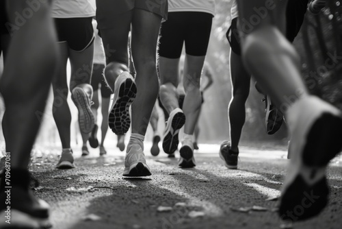 A black and white photo capturing a group of people running. Suitable for various applications