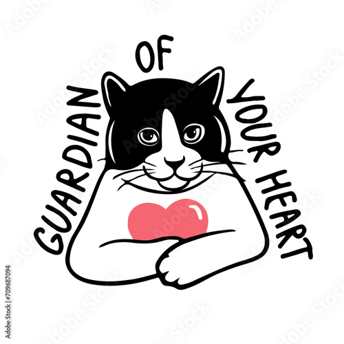 Cute funny cat with a heart, with a bouquet of heart flowers. lettering is the keeper guardian of your heart. Vector illustration Vector illustration. Love and friendship between human and pet
