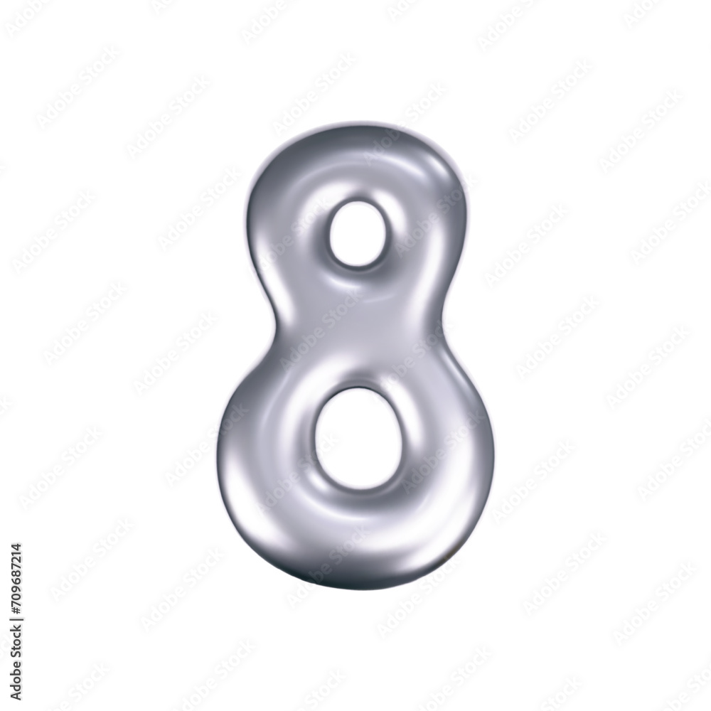 3d chrome liquid number 8 in y2k style isolated. Render of 3d metal inflated figures with glossy silver effect. 3d vector y2k typography digit
