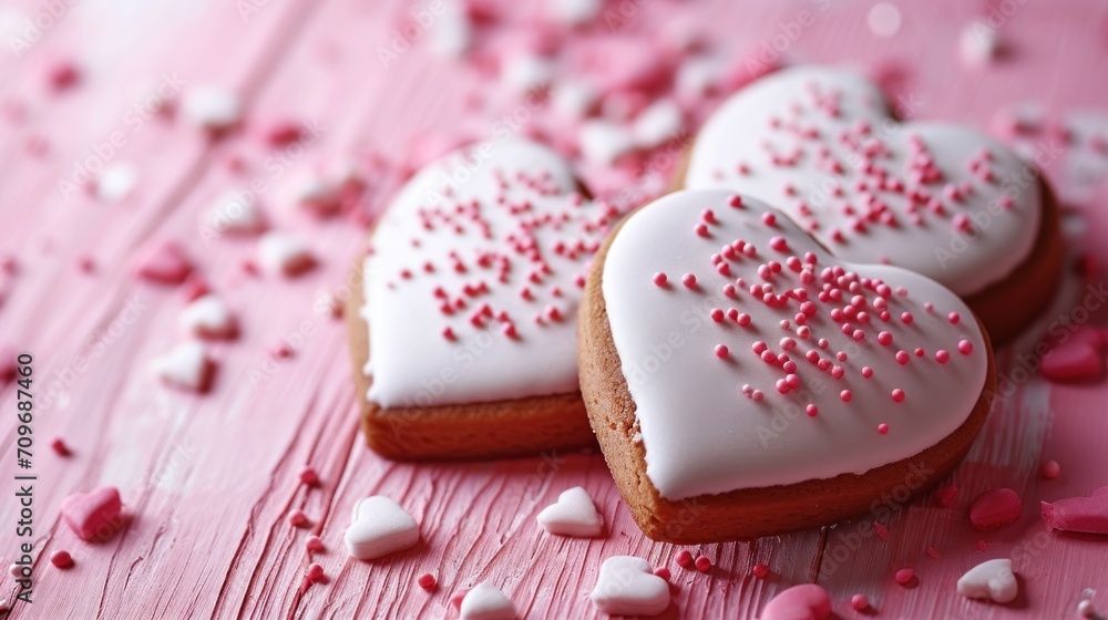 Decorated heart shaped coockies on pink wooden table, Valentine's Day banner Decorated heart shaped coockies on pink wooden table, Valentine's Day banner