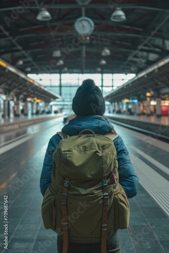 A person with a backpack standing in a train station. Suitable for travel and transportation themes