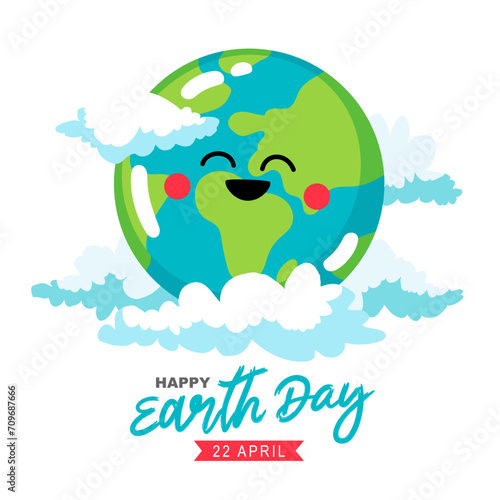 Joyful laughing planet Earth in the clouds. Happy Earth Day, April 22nd. Design elements for a postcard, banner or poster