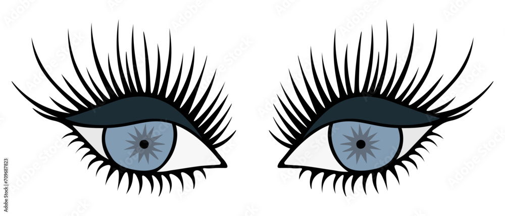 Intent female gaze of blue eyes. Dark shadows on half-closed eyelids. Smokey eyes. Seductive fox look. Lush black lashes. Color vector illustration. Cartoon style. Isolated background. Intent female gaze of blue eyes. Dark shadows on half-closed eyelids. Smokey eyes. Seductive fox look. Lush black lashes. Color vector illustration. Cartoon style. Isolated background.