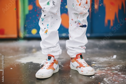 close shot of splattered paint overalls and shoes