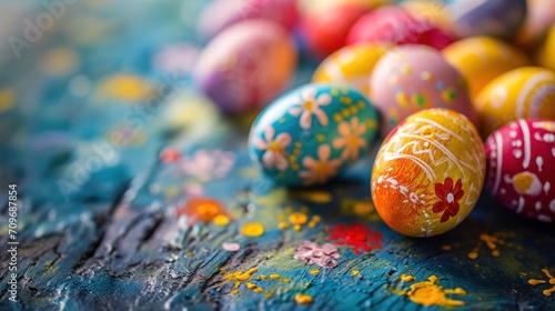 Colored and decorated small easter eggs on wooden table, easter banner with copy space. Happy Easter concept