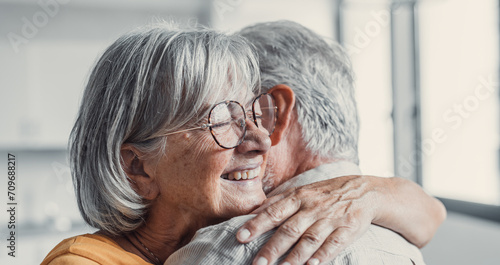 Canvas Print Happy mature couple in love embracing, laughing grey haired husband and wife with closed eyes, horizontal banner, middle aged smiling family enjoying tender moment, happy marriage, sincere feelings