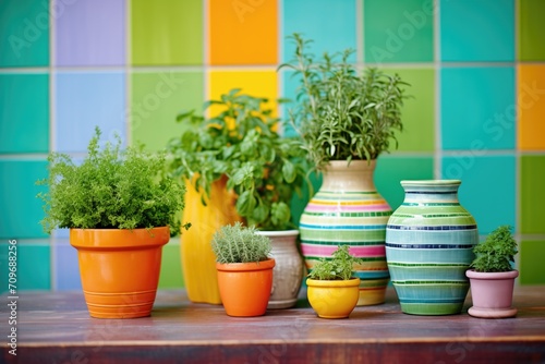 colorful ceramic pots with basil, thyme, and parsley