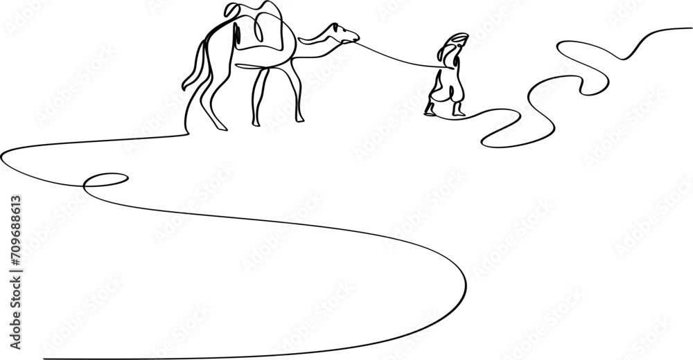 Linear drawing of a man walking with a camel in the desert. 