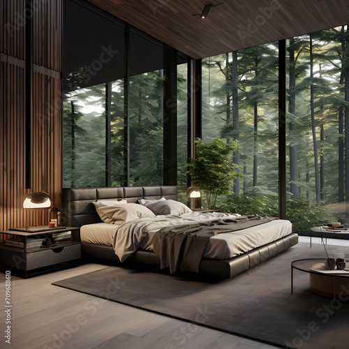 Woodland Retreat: Elegant Modern Bedroom with Stunning Forest Views and Crafted Woodwork - Generative AI