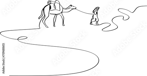 Linear drawing of a man walking with a camel in the desert. 