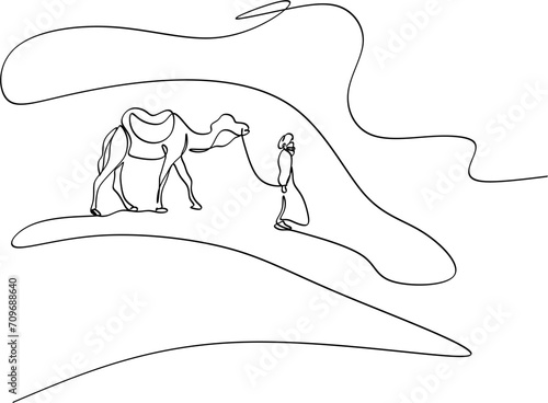 Linear drawing of a man walking with a camel in the desert.  photo