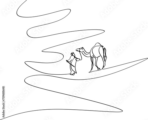 Linear drawing of a man walking with a camel in the desert.  photo