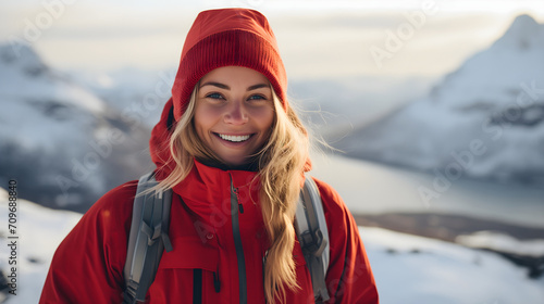 A happy young girl with blonde hair standing on a snowy mountain, wearing a red jacket and a cap, smiling and looking at the camera. Joyful female adult person, outdoor winter adventure, cold weather