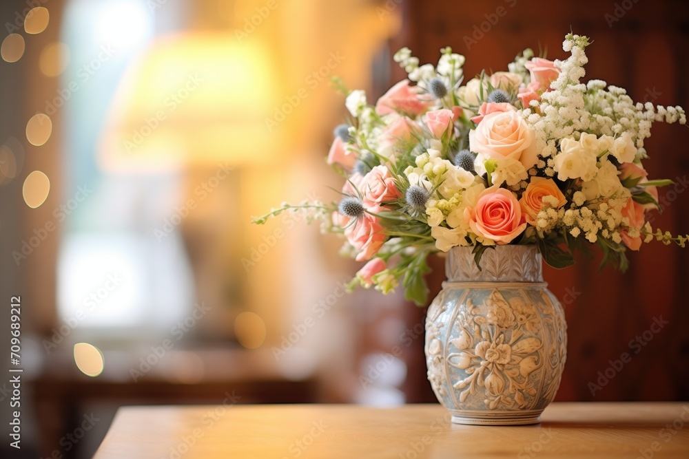 bridal bouquet on a decorated table with soft hall lighting bridal bouquet on a decorated table with soft hall lighting