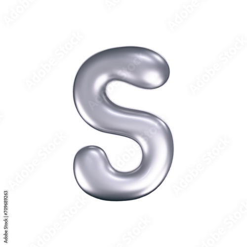 3d chrome liquid letter S in y2k style isolated. Render of 3d metal inflated bubble alphabet with glossy silver effect. 3d vector y2k typography letter