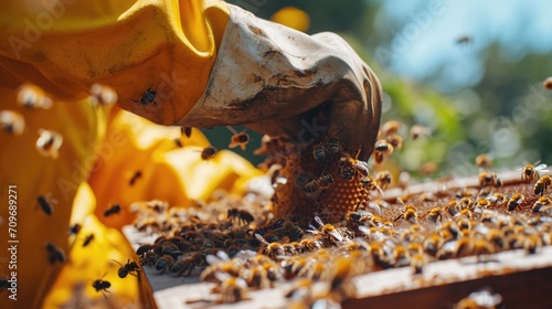 A beekeeper is inspecting a swarm of bees. This image can be used to illustrate beekeeping practices and the importance of beekeeping for honey production and pollination © Fotograf