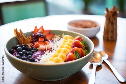 close-up acai bowl with focus on spoon filled with berries photo