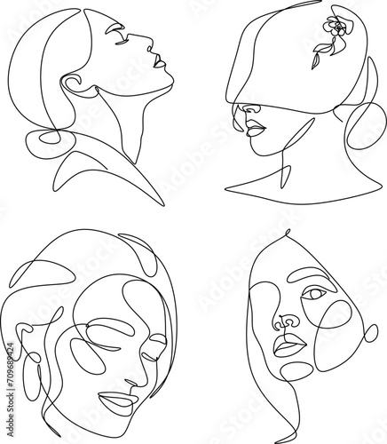 Set of portraits. Continuous line, minimalist vector illustration of beautiful woman face. For t-shirt, slogan design print graphics style