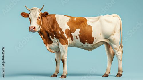 Ultra realistic and detailed cow surprised look, pink nose, full length on sky blue background