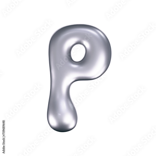 3d chrome liquid letter P in y2k style isolated. Render of 3d metal inflated bubble alphabet with glossy silver effect. 3d vector y2k typography letter