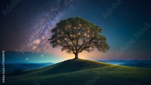 Illuminated lonely tree on the hill at night with starry sky and beautiful milky way. Illustration with copy space for design, template, backdrop, artwork, wallpaper