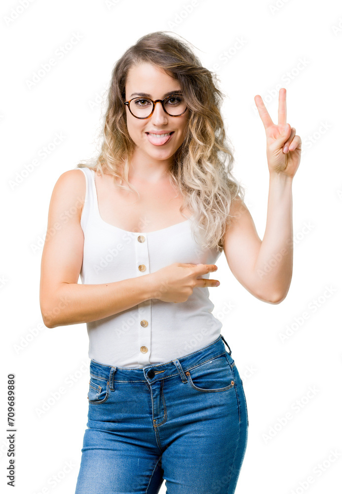 Beautiful young blonde woman wearing glasses over isolated background smiling with happy face winking at the camera doing victory sign. Number two. Beautiful young blonde woman wearing glasses over isolated background smiling with happy face winking at the camera doing victory sign. Number two.