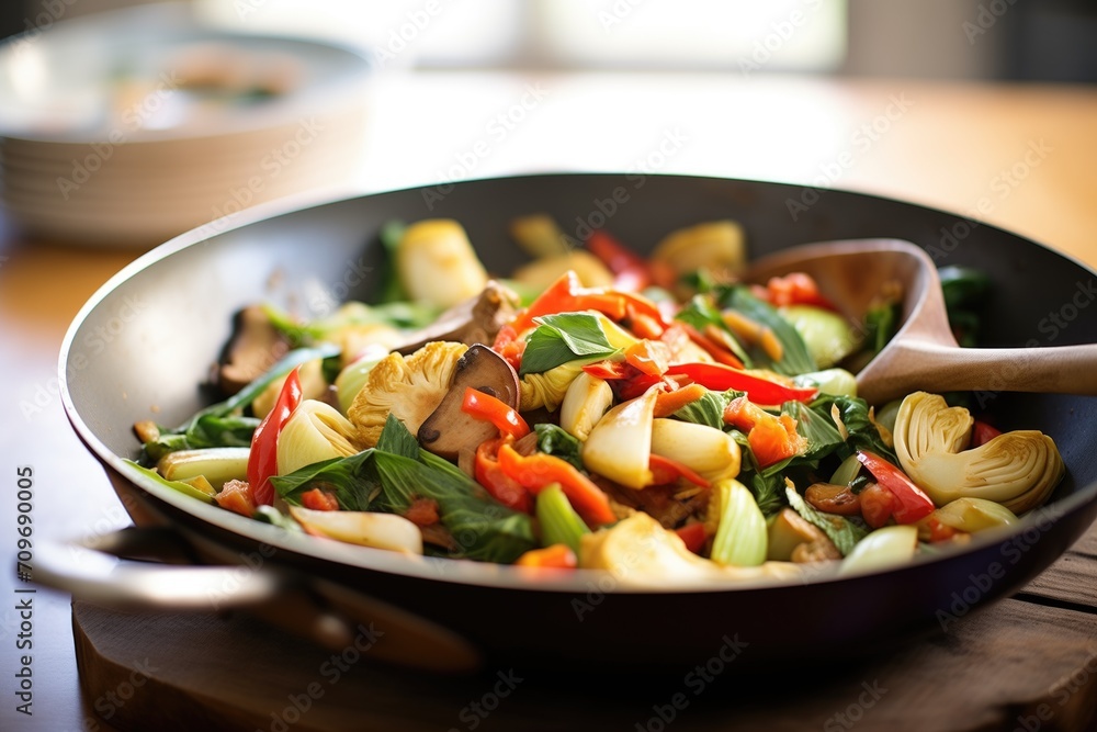 mixed veggie and artichoke heart stir-fry in a wok