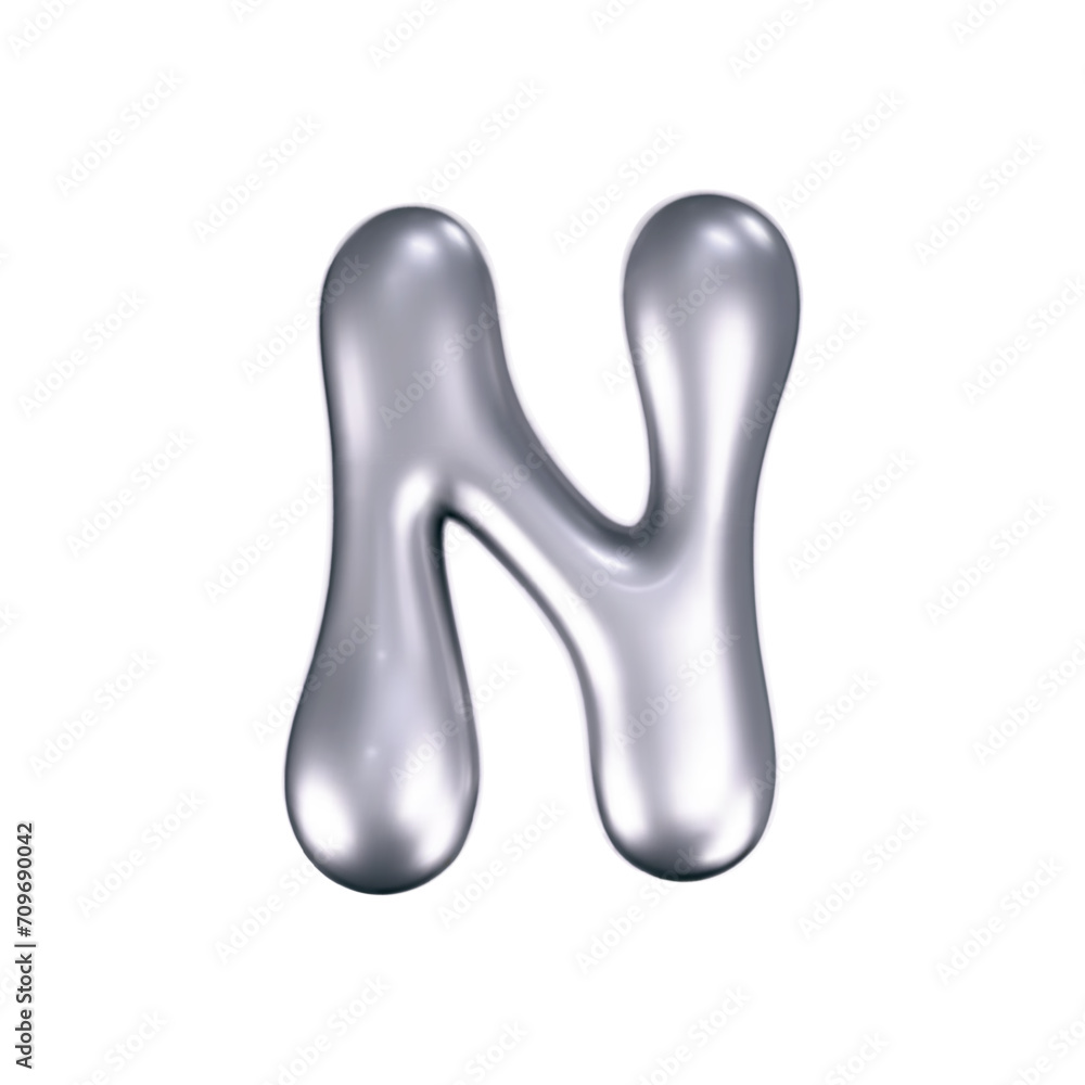 3d chrome liquid letter N in y2k style isolated. Render of 3d metal inflated bubble alphabet with glossy silver effect. 3d vector y2k typography letter 3d chrome liquid letter N in y2k style isolated. Render of 3d metal inflated bubble alphabet with glossy silver effect. 3d vector y2k typography letter