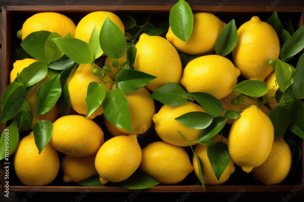 Fresh harvest of lemons in a box, organic product, top view.