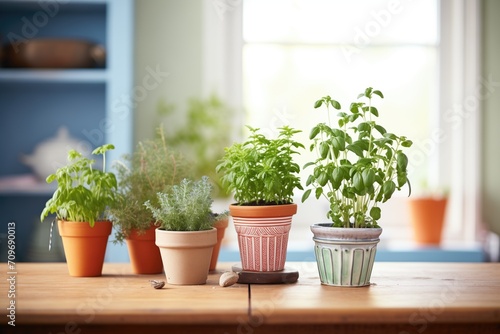 fresh herb plants in small terracotta pots