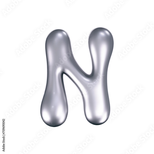 3d chrome liquid letter N in y2k style isolated. Render of 3d metal inflated bubble alphabet with glossy silver effect. 3d vector y2k typography letter